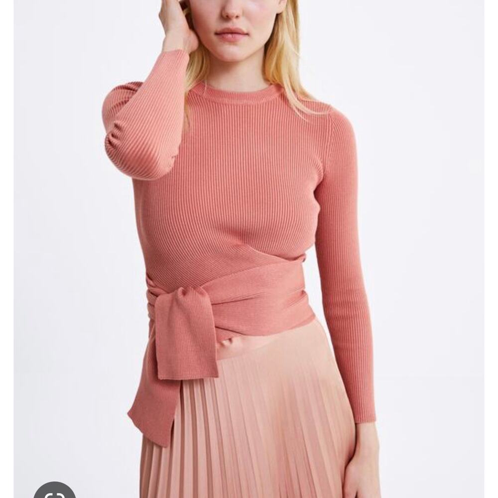 Zara Peach Tie Waist Ribbed Cropped Wrap Sweater size Large